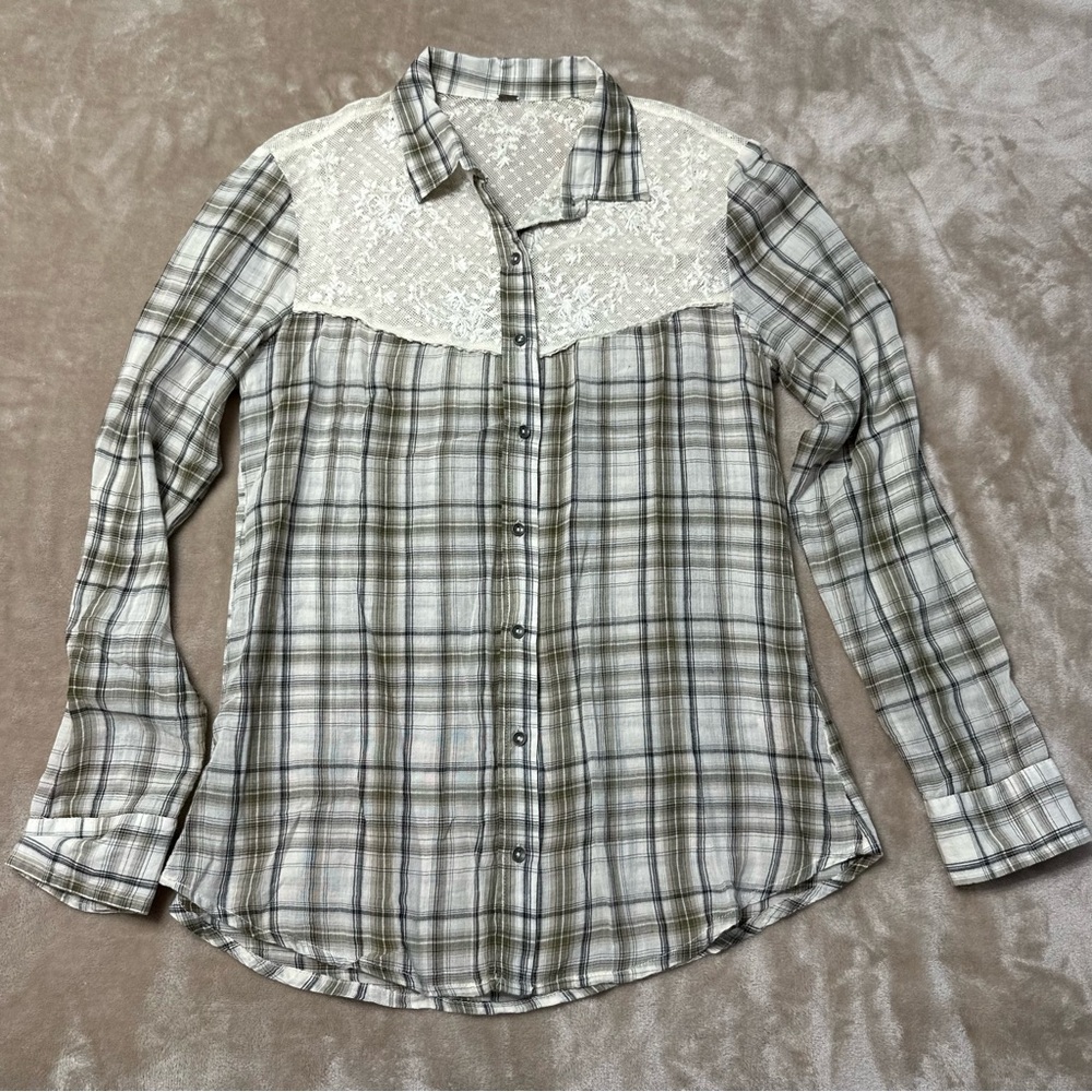 Free People Saddle Up Plaid Button Down Shirt Embroidered Lace Yoke Boho